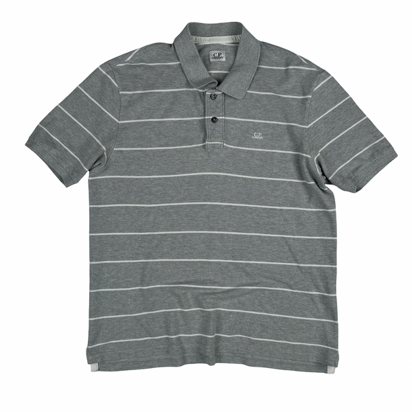 CP Company Grey Striped Cotton Polo Shirt - Large