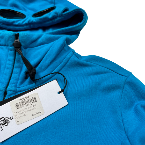 CP Company Ocean Blue Zipped Cotton Goggle Hoodie - Medium