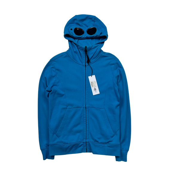 CP Company Ocean Blue Zipped Cotton Goggle Hoodie - Medium