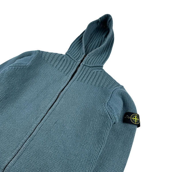 Stone Island 2001 Heavyweight Blue Wool Hodded Knit Zip Up Jumper - XL