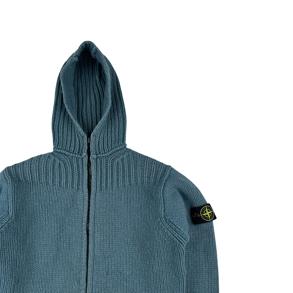 Stone Island 2001 Heavyweight Blue Wool Hodded Knit Zip Up Jumper - XL