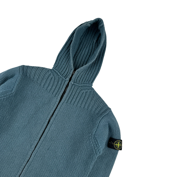 Stone Island 2001 Heavyweight Blue Wool Hodded Knit Zip Up Jumper - XL