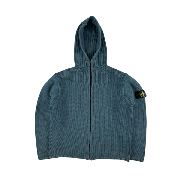 Stone Island 2001 Heavyweight Blue Wool Hodded Knit Zip Up Jumper - XL