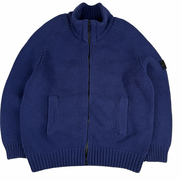 Stone Island Blue Vintage 2005 Heavyweight Wool Blend Knit Full Zip Cardigan - 3XL