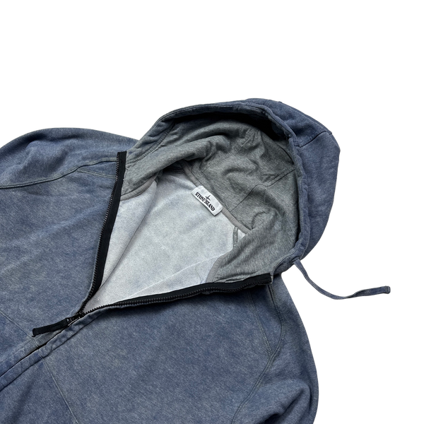 Stone Island 2021 Blue Cotton Dust Treatment Zipped Hoodie - Large