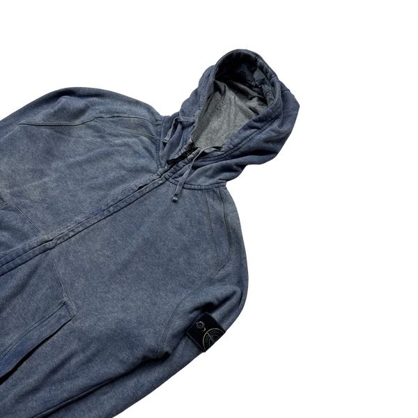 Stone Island 2021 Blue Cotton Dust Treatment Zipped Hoodie - Large
