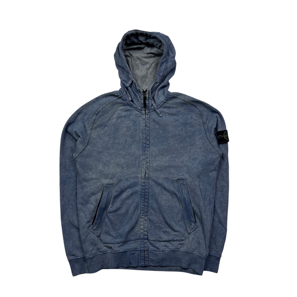 Stone Island 2021 Blue Cotton Dust Treatment Zipped Hoodie - Large