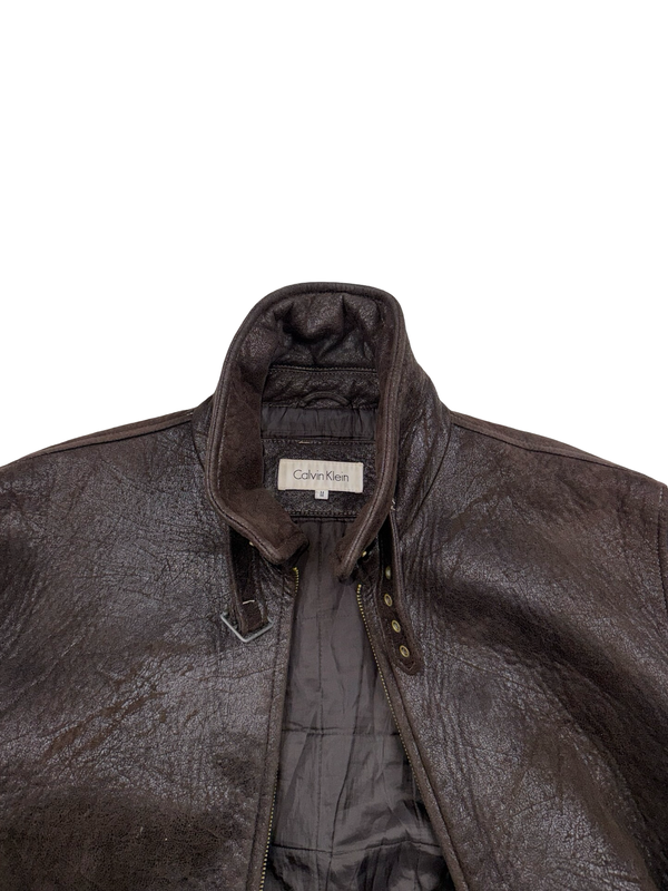 Calvin Klein Brown Leather Look Insulated Bomber Jacket - Medium