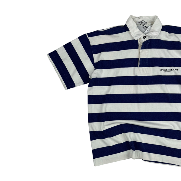Stone Island Vintage 80's Cotton Blue Striped Marina Polo Shirt - Medium
