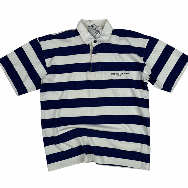 Stone Island Vintage 80's Cotton Blue Striped Marina Polo Shirt - Medium