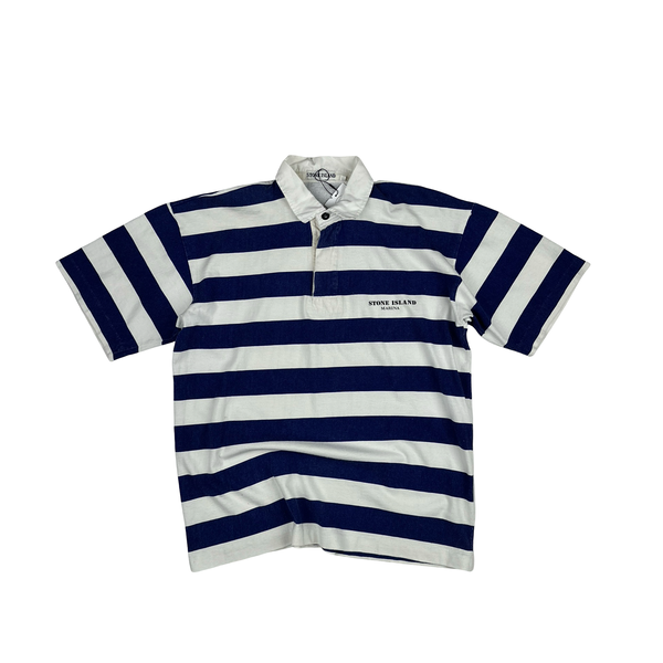 Stone Island Vintage 80's Cotton Blue Striped Marina Polo Shirt - Medium