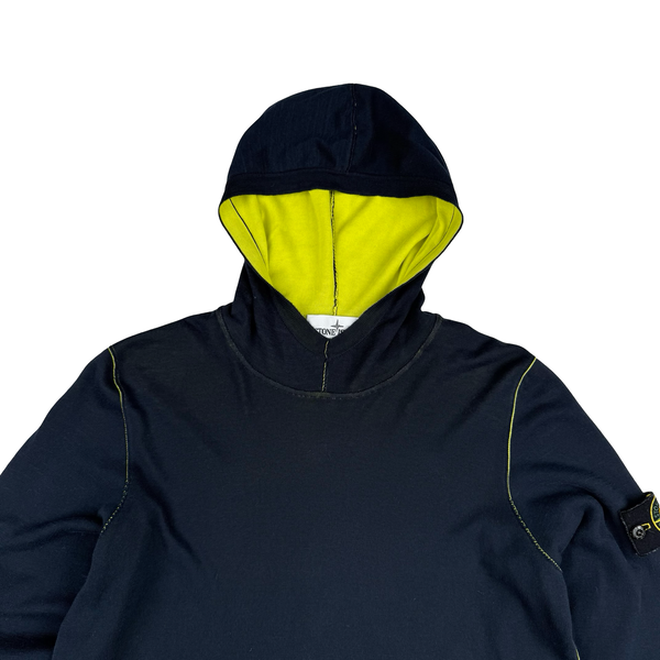 Stone Island 2021 Navy/Yellow Cotton Knit Lightweight Hooded Jumper - Medium