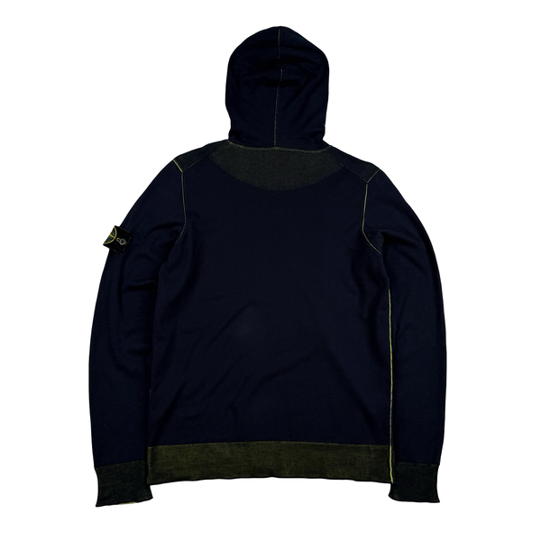Stone Island 2021 Navy/Yellow Cotton Knit Lightweight Hooded Jumper - Medium