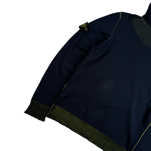 Stone Island 2021 Navy/Yellow Cotton Knit Lightweight Hooded Jumper - Medium