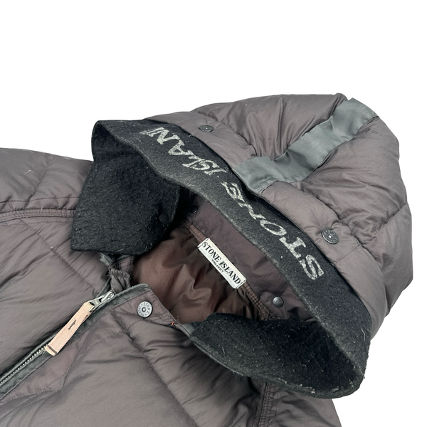 Stone Island 2005 Charcoal Vintage Mesh Badge Zip Opaque Nylon Tela Down Hood Jacket - Medium