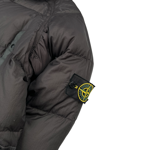 Stone Island 2005 Charcoal Vintage Mesh Badge Zip Opaque Nylon Tela Down Hood Jacket - Medium