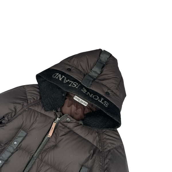 Stone Island 2005 Charcoal Vintage Mesh Badge Zip Opaque Nylon Tela Down Hood Jacket - Medium