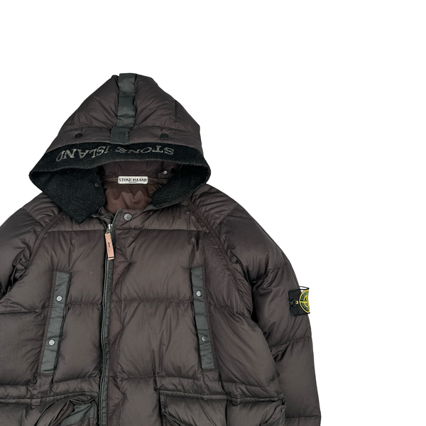Stone Island 2005 Charcoal Vintage Mesh Badge Zip Opaque Nylon Tela Down Hood Jacket - Medium