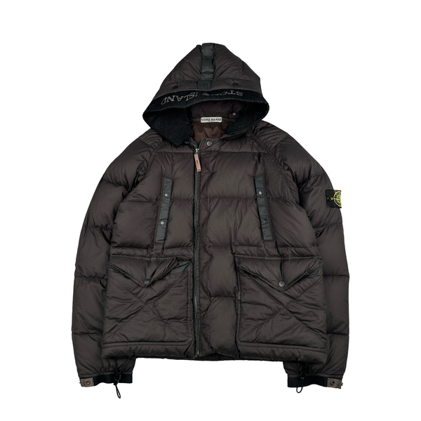 Stone Island 2005 Charcoal Vintage Mesh Badge Zip Opaque Nylon Tela Down Hood Jacket - Medium
