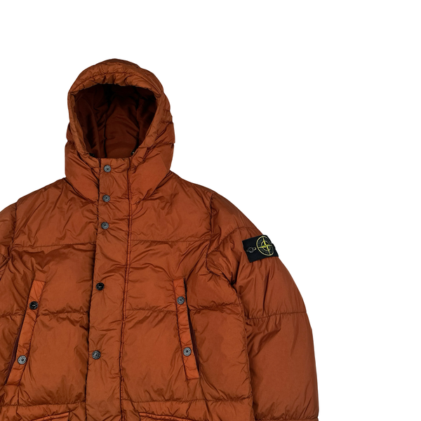 Stone Island 2013 Orange Long Crinkle Down Puffer Jacket - Small