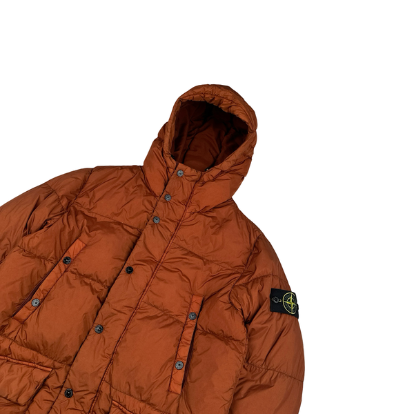 Stone Island 2013 Orange Long Crinkle Down Puffer Jacket - Small
