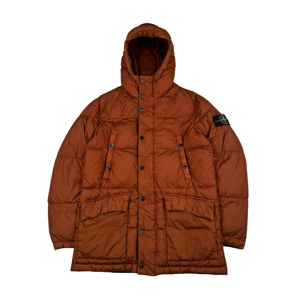 Stone Island 2013 Orange Long Crinkle Down Puffer Jacket - Small