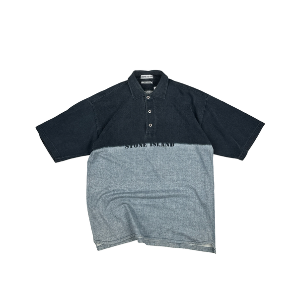 Stone Island 1993 Two Tone Cotton Spellout Vintage Polo Shirt - Large