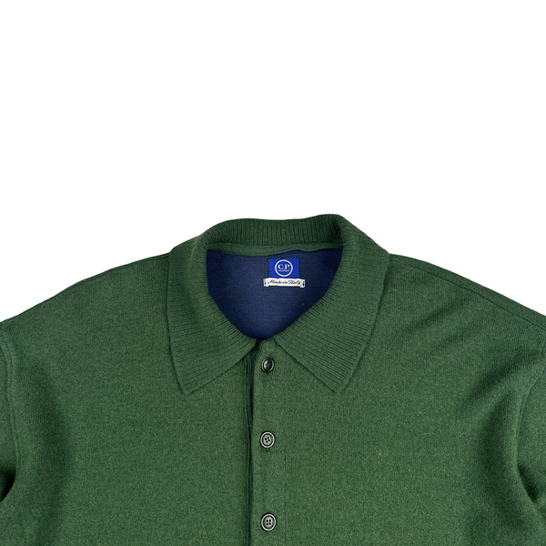 CP Company RARE 1995 Green Buttoned Collar Pullover Wool Jumper - Large