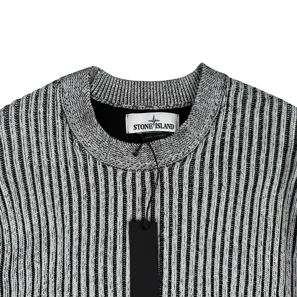Stone Island 2019 Black and White Two-Tone Crew Neck Cotton Ribbed Knit Jumper - Small
