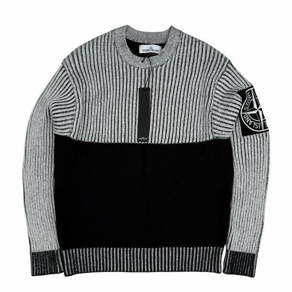 Stone Island 2019 Black and White Two-Tone Crew Neck Cotton Ribbed Knit Jumper - Small