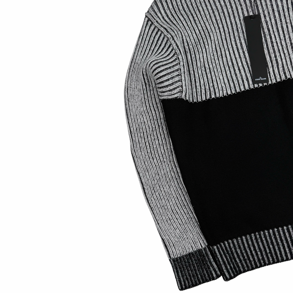 Stone Island 2019 Black and White Two-Tone Crew Neck Cotton Ribbed Knit Jumper - Small