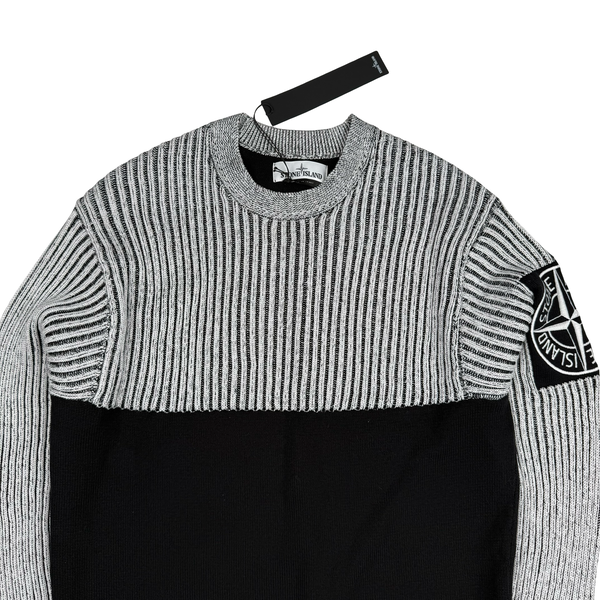 Stone Island 2019 Black and White Two-Tone Crew Neck Cotton Ribbed Knit Jumper - Small