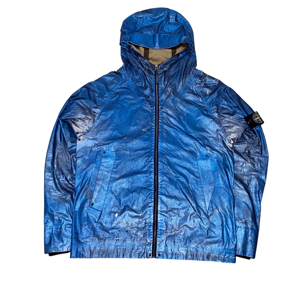 Stone Island 2006 Blue Antiqued Reflective Hooded Jacket - Large