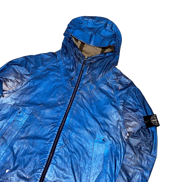 Stone Island 2006 Blue Antiqued Reflective Hooded Jacket - Large