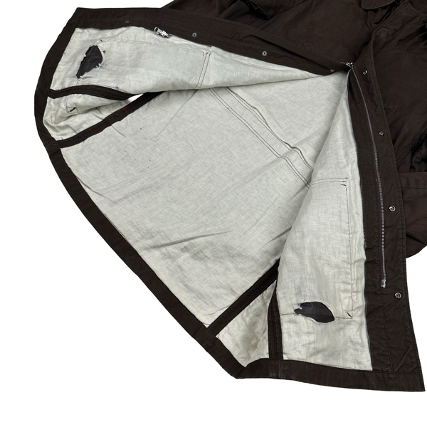 CP Company 2005 Brown Cotton Blend Lino Flax Lined Long Parka Jacket - Large
