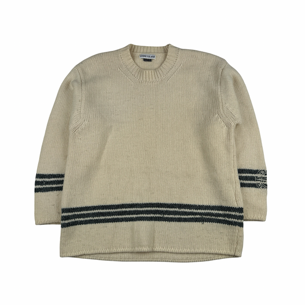 Stone Island Vintage 1995 Cream Wool Piped Knit Pullover - Medium