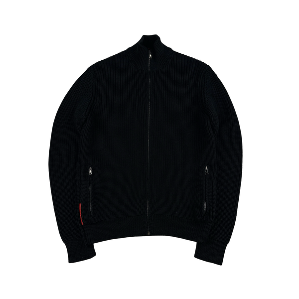 Prada Black Heavyweight Wool Ribbed Zipped Knit Jumper - Large