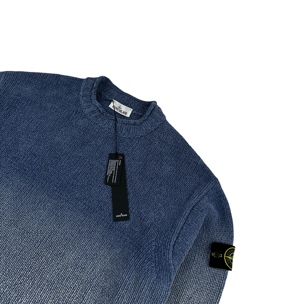 Stone Island 2026 Chenille Hand Sprayed Periwinkle Crewneck Knit Jumper - Large
