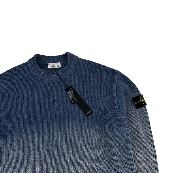 Stone Island 2026 Chenille Hand Sprayed Periwinkle Crewneck Knit Jumper - Large