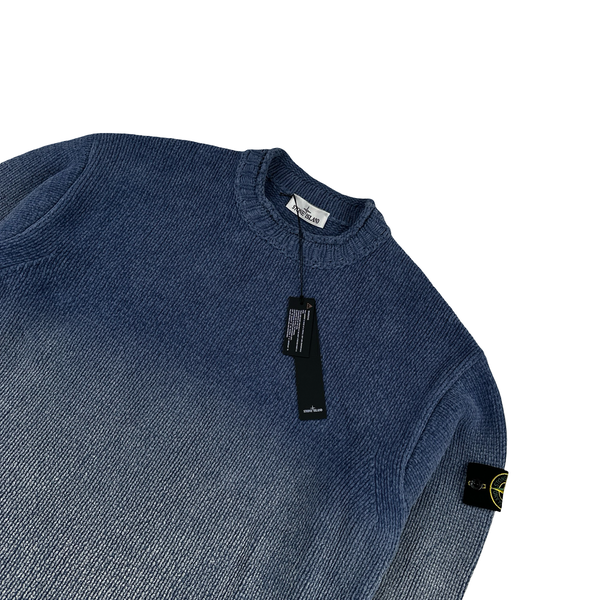 Stone Island 2026 Chenille Hand Sprayed Periwinkle Crewneck Knit Jumper - Large