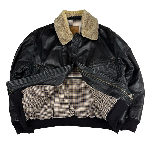 Aquascutum Black Leather Flight Bomber Jacket - XL