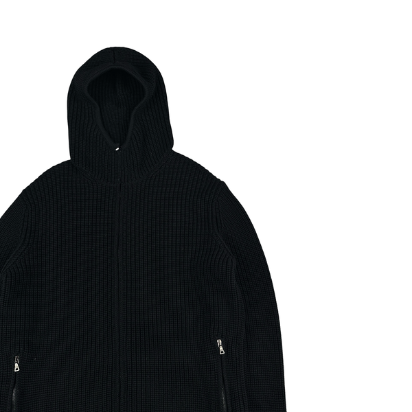 Prada Black Heavyweight Wool Ribbed Hooded Knit Jumper - Medium