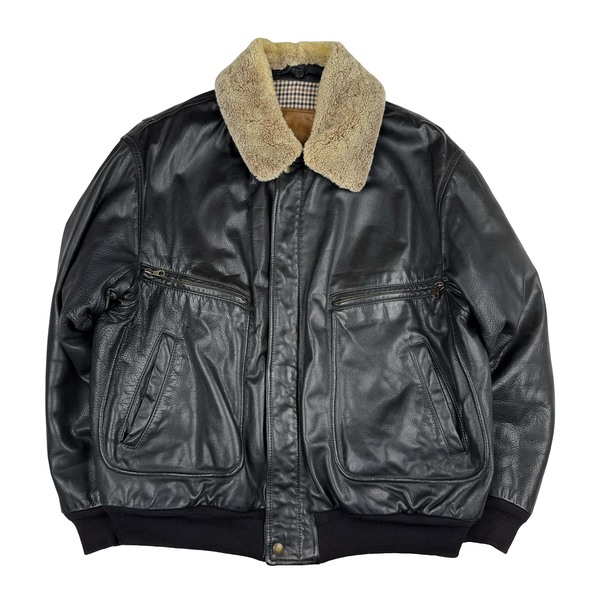 Aquascutum Black Leather Flight Bomber Jacket - XL