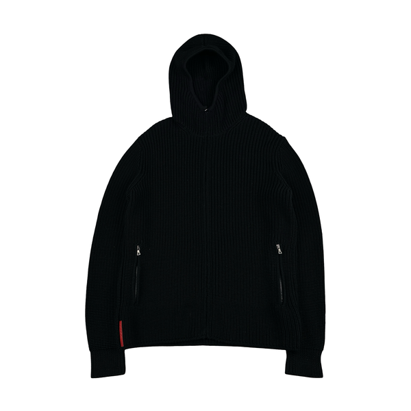 Prada Black Heavyweight Wool Ribbed Hooded Knit Jumper - Medium