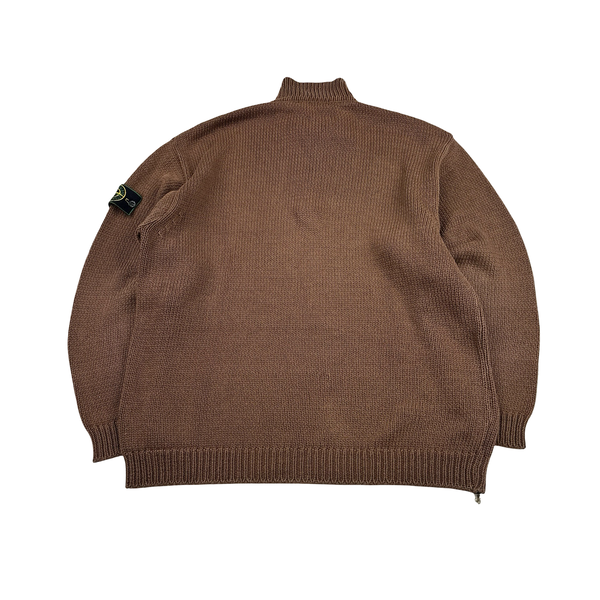 Stone Island Vintage 1991 Brown Cotton High Neck Green Edge Buttoned Knit Jumper - XXL