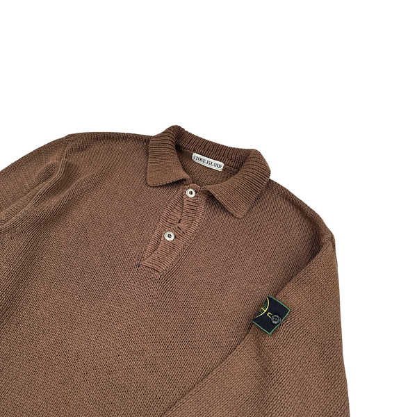 Stone Island Vintage 1991 Brown Cotton High Neck Green Edge Buttoned Knit Jumper - XXL