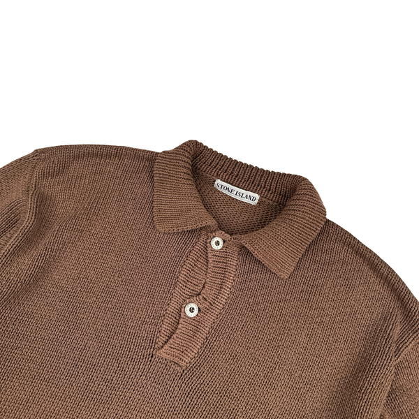 Stone Island Vintage 1991 Brown Cotton High Neck Green Edge Buttoned Knit Jumper - XXL