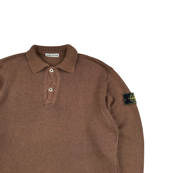 Stone Island Vintage 1991 Brown Cotton High Neck Green Edge Buttoned Knit Jumper - XXL