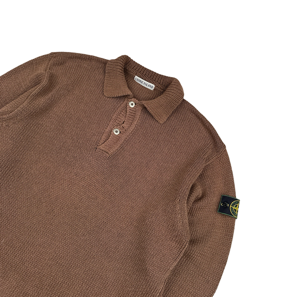 Stone Island Vintage 1991 Brown Cotton High Neck Green Edge Buttoned Knit Jumper - XXL