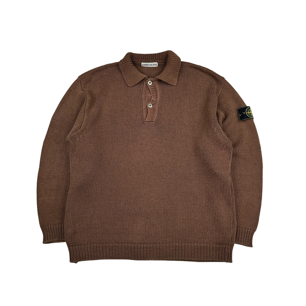 Stone Island Vintage 1991 Brown Cotton High Neck Green Edge Buttoned Knit Jumper - XXL